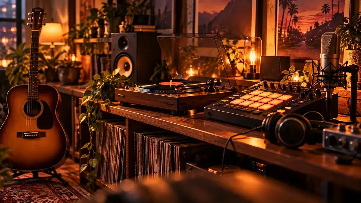 Music room with an acoustic guitar, a turntable, a drum machine and a studio microphone