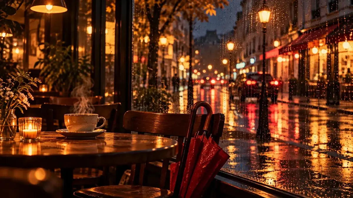 Rainy café window at night with a red umbrella and a steaming cup