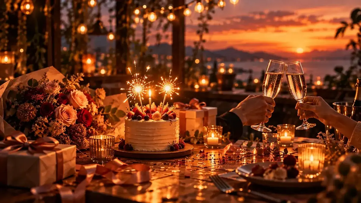 Celebration table at sunset with a sparkler cake, roses and raised champagne glasses