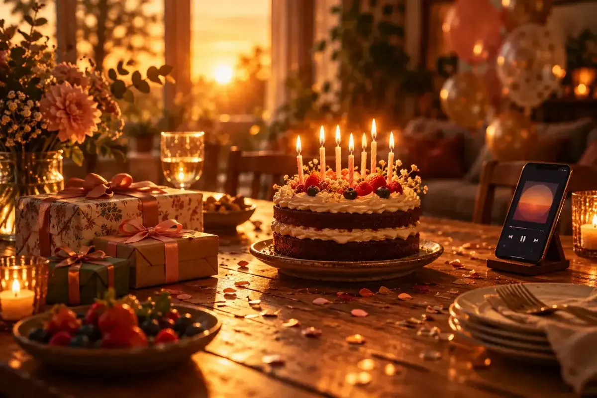 Birthday cake with lit candles, wrapped gifts and a phone playing a song