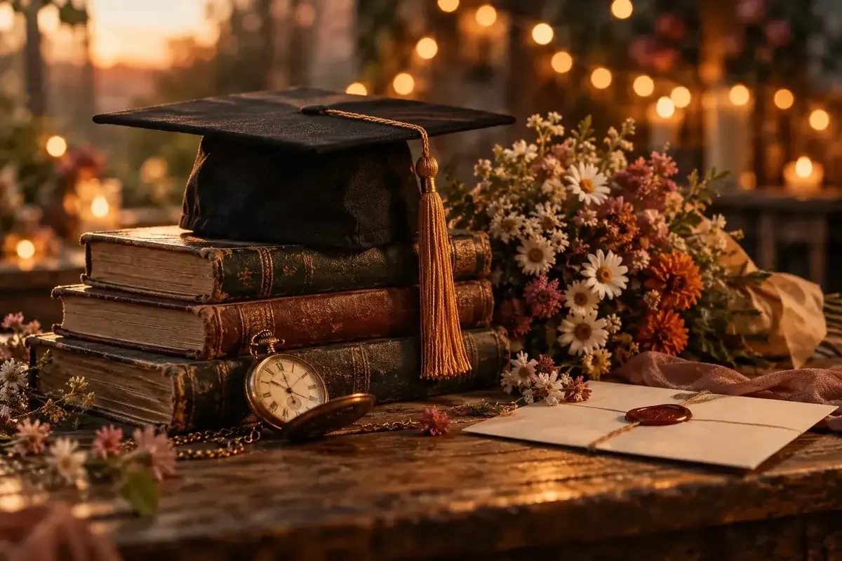 Graduation cap on old books with a pocket watch, flowers and a sealed card