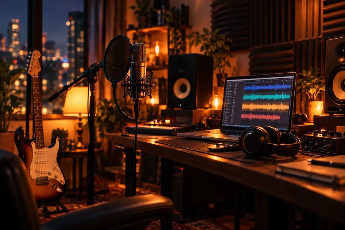 Home studio with a condenser microphone, guitar and a multitrack recording