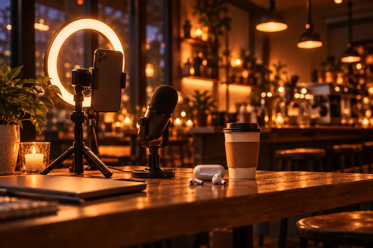 Phone on a tripod with a ring light and a podcast microphone in a café