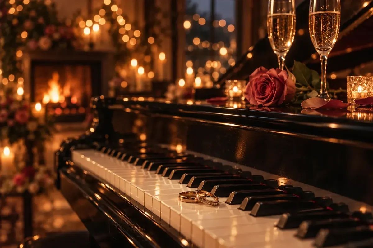 Two wedding rings on piano keys beside a rose and champagne glasses