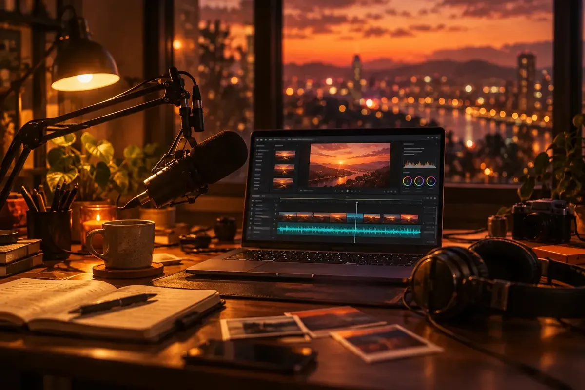 Creator's desk with a podcast microphone and a video editing timeline at dusk