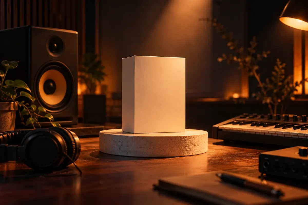 Unbranded product box on a pedestal in a music studio