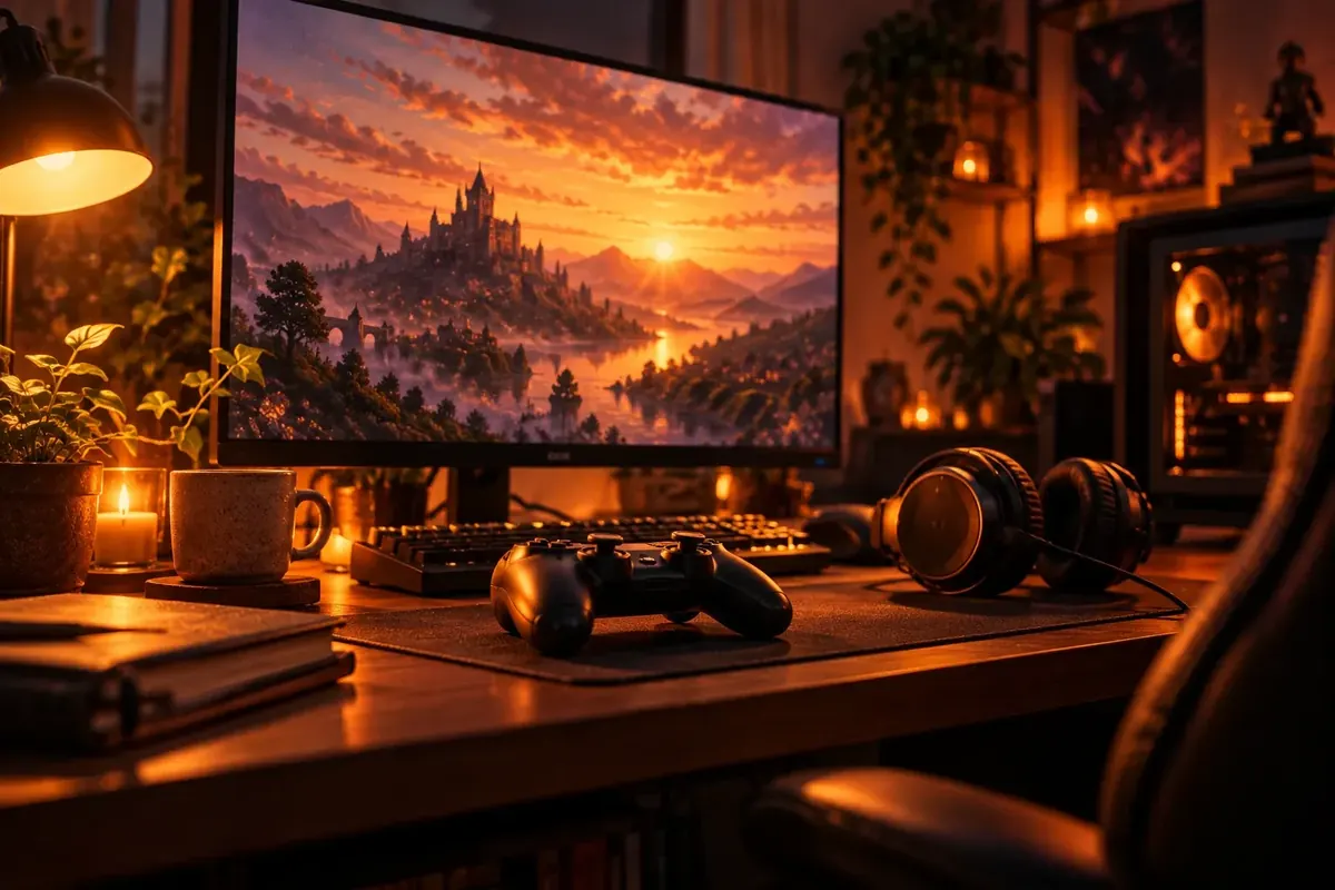 Gaming desk with a controller in front of a fantasy game landscape