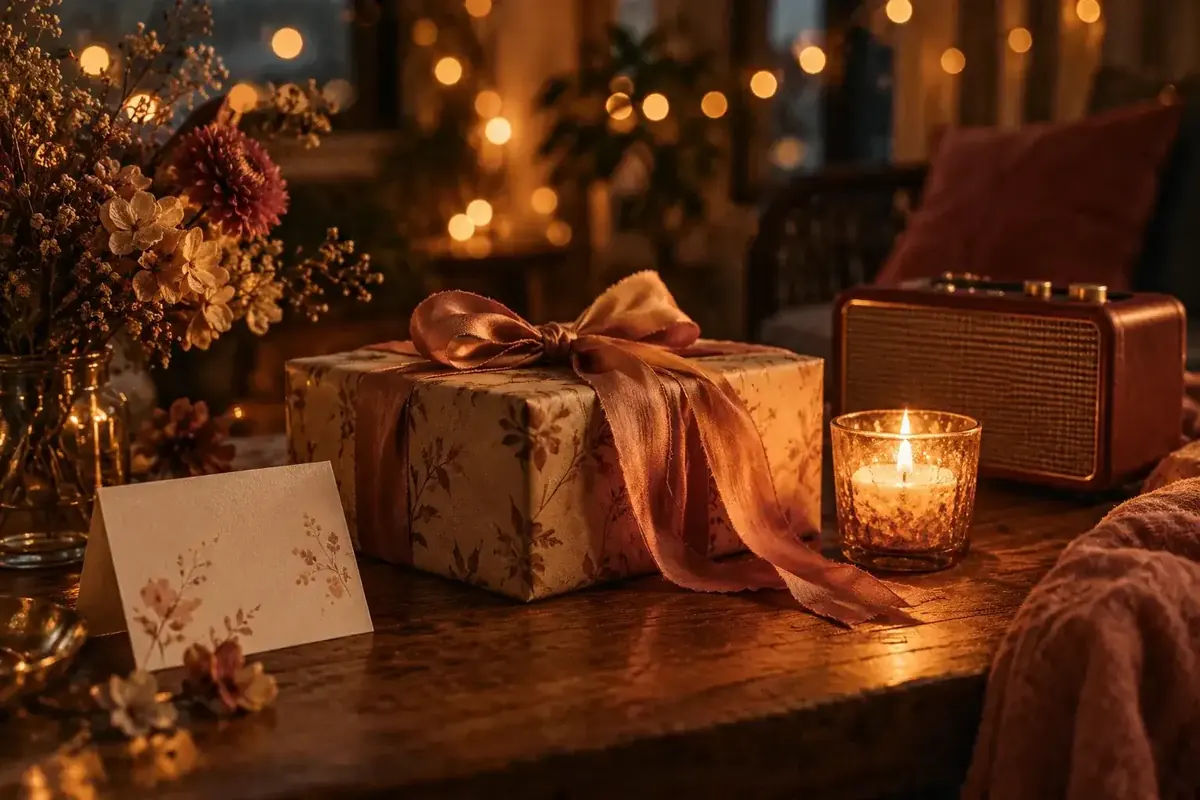 Wrapped gift with a silk ribbon beside a candle and a vintage speaker