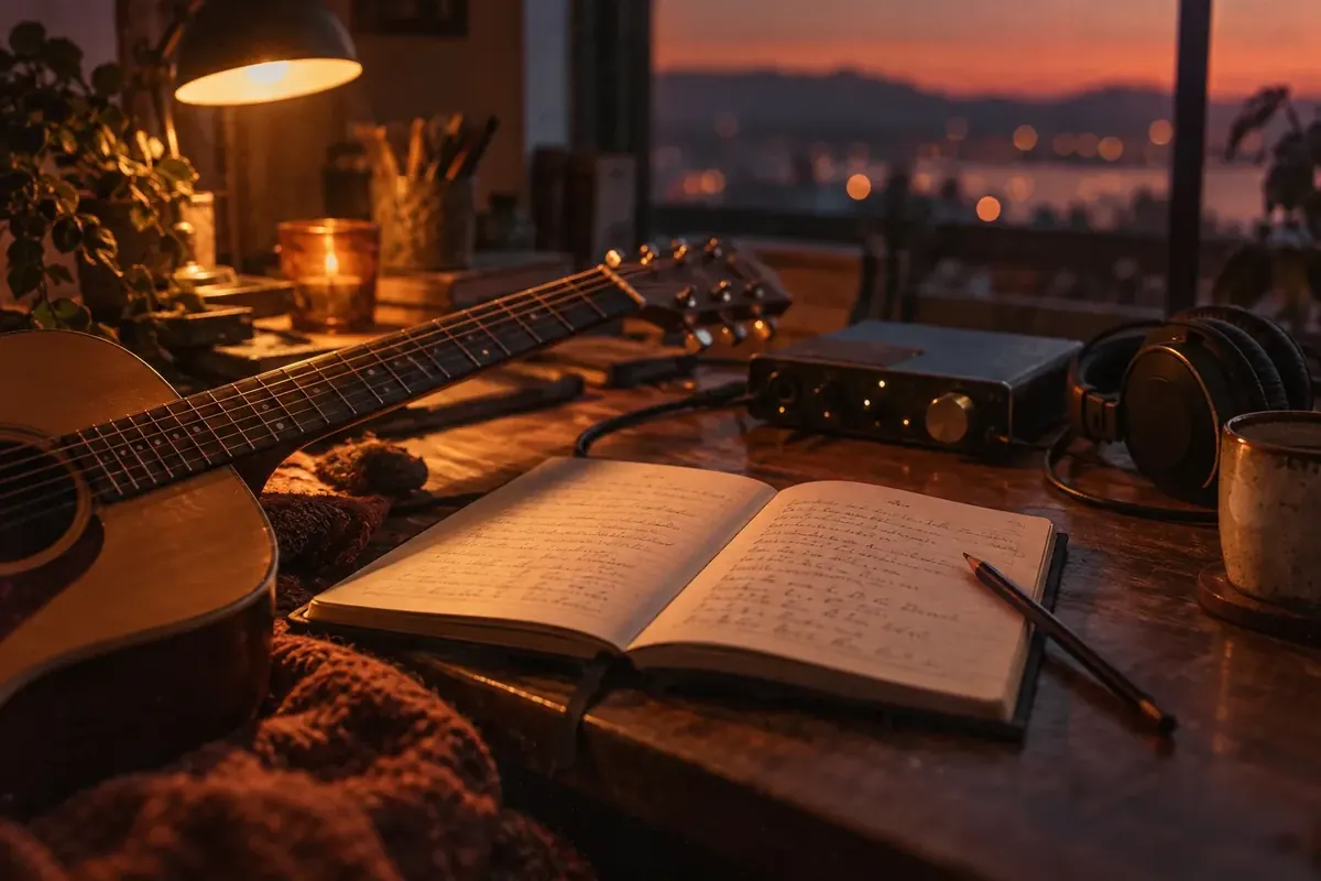 Songwriter's notebook beside an acoustic guitar and an audio interface